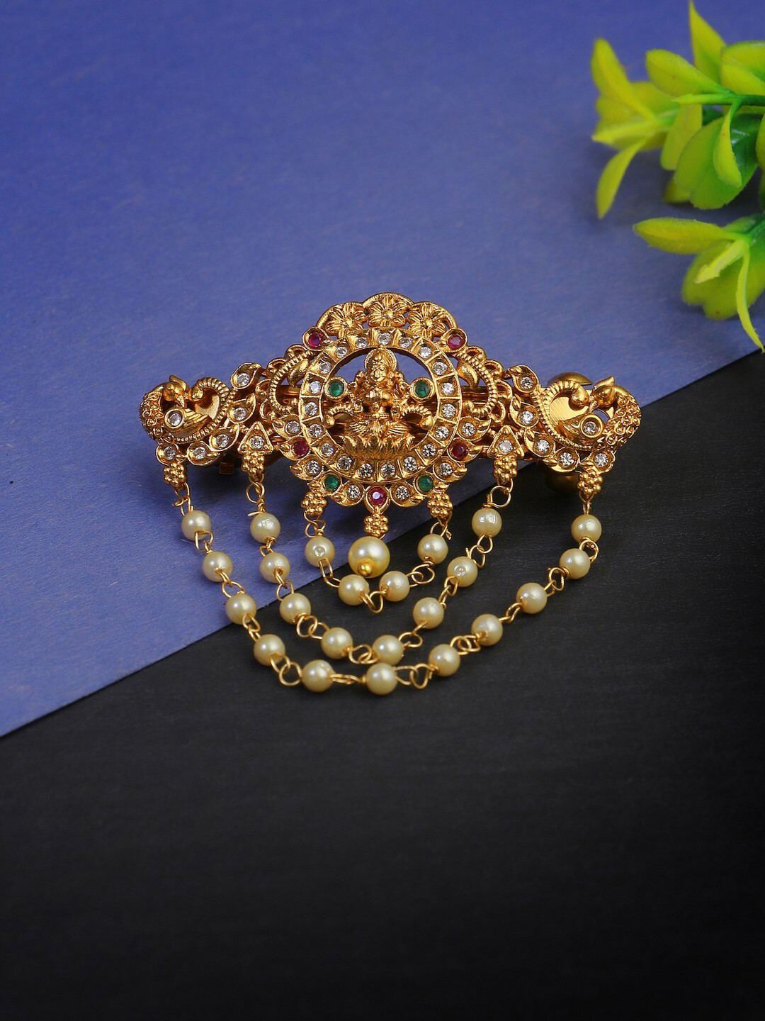 

Adwitiya Collection Gold-Plated Stone Studded & Beaded French Barrette