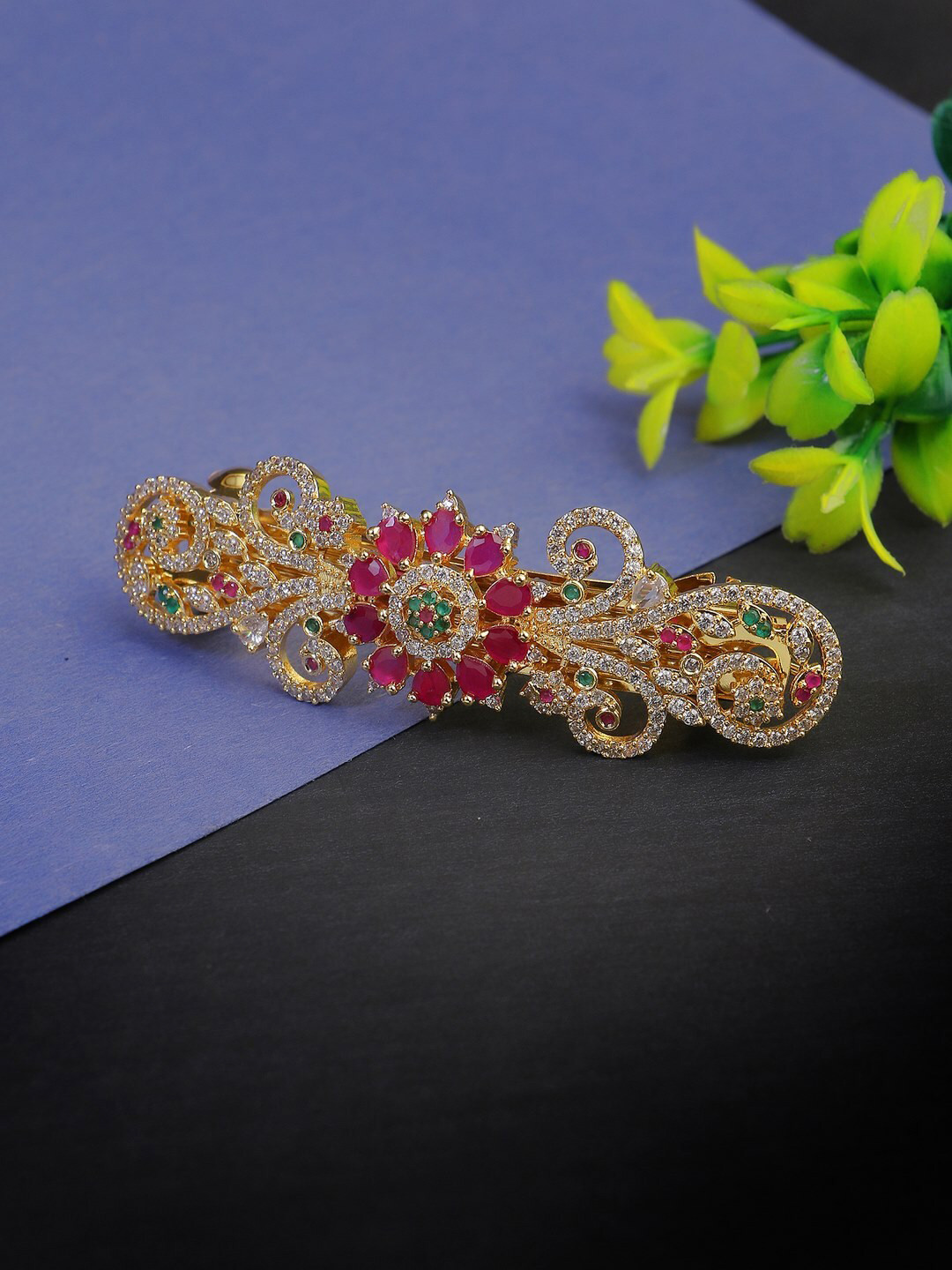 

Adwitiya Collection Stone Studded Beaded French Barrette, Gold