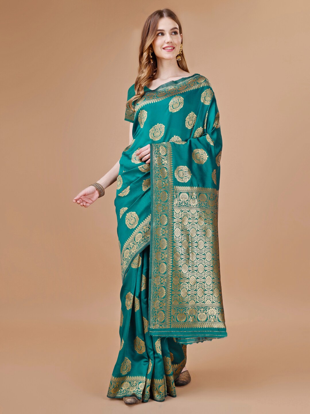 

MAGMINA Ethnic Motifs Woven Design Zari Art Silk Banarasi Saree, Teal
