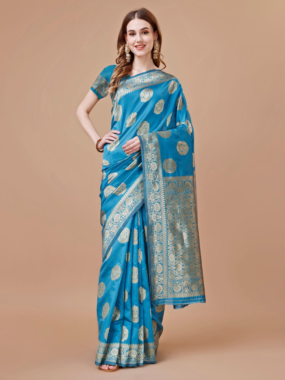 

MAGMINA Woven Design Zari Art Silk Banarasi Saree, Turquoise blue