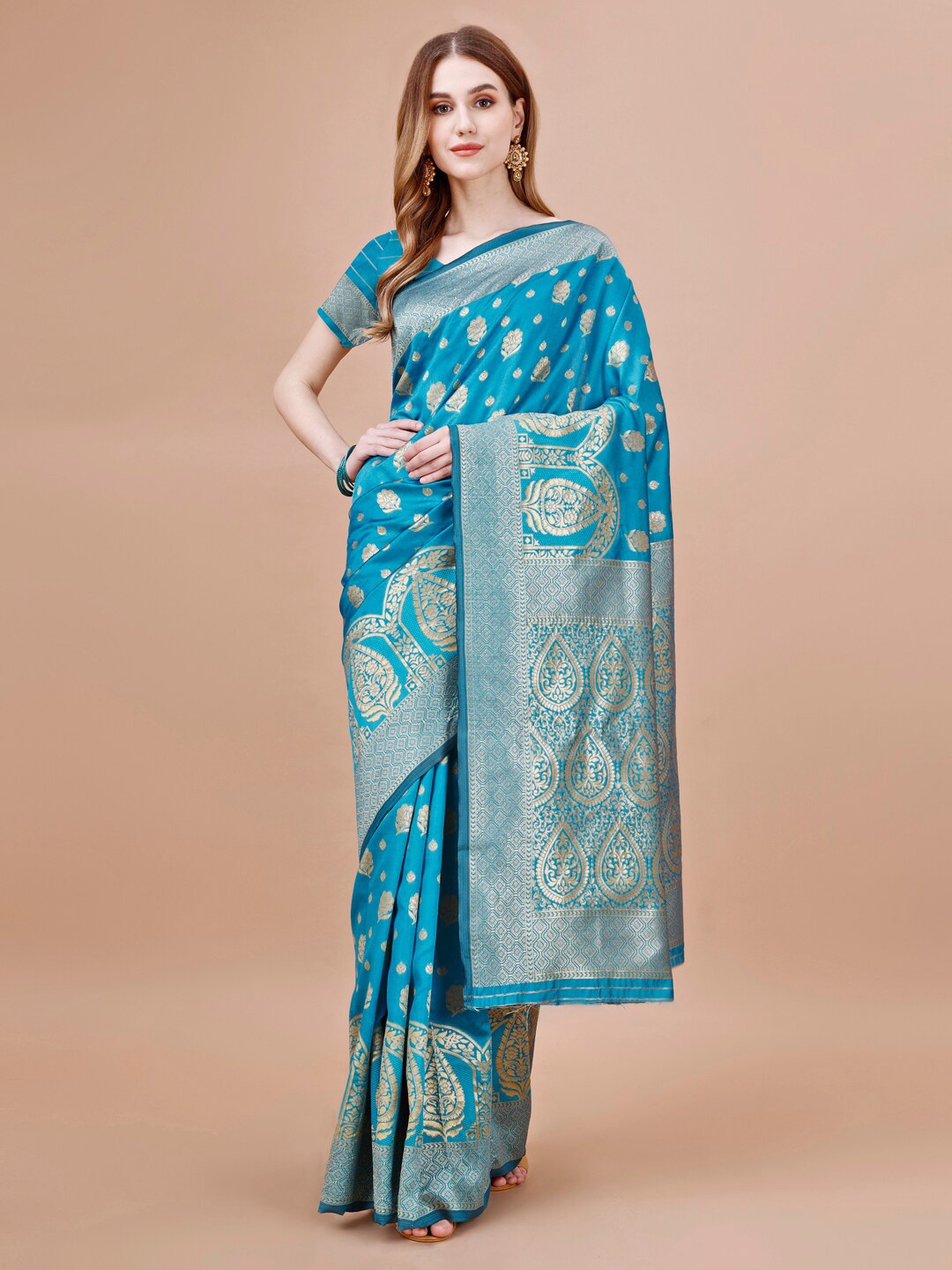 

MAGMINA Ethnic Motifs Woven Design Zari Art Silk Banarasi Saree, Turquoise blue