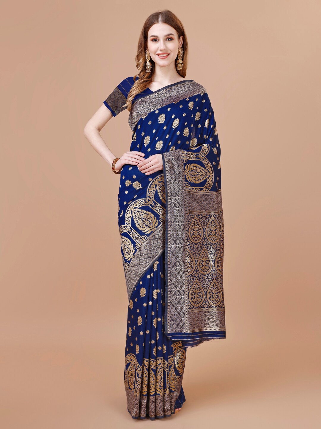 

MAGMINA Ethnic Motifs Woven Design Zari Banarasi Saree, Navy blue