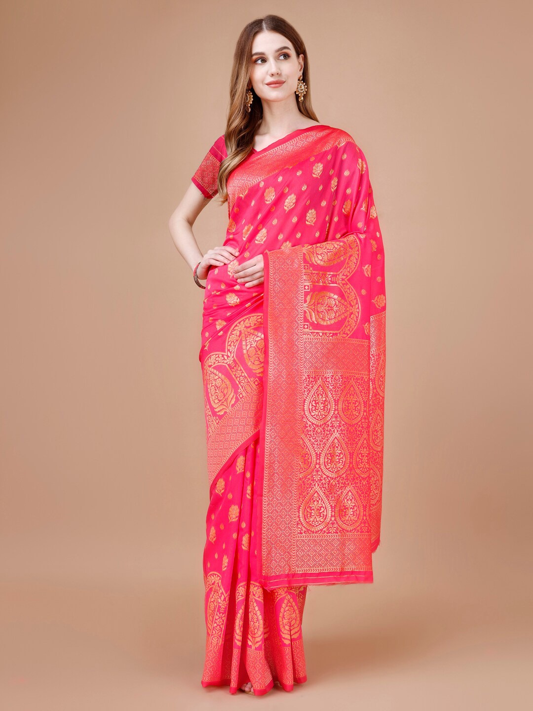 

MAGMINA Ethnic Motifs Woven Design Zari Banarasi Saree, Pink