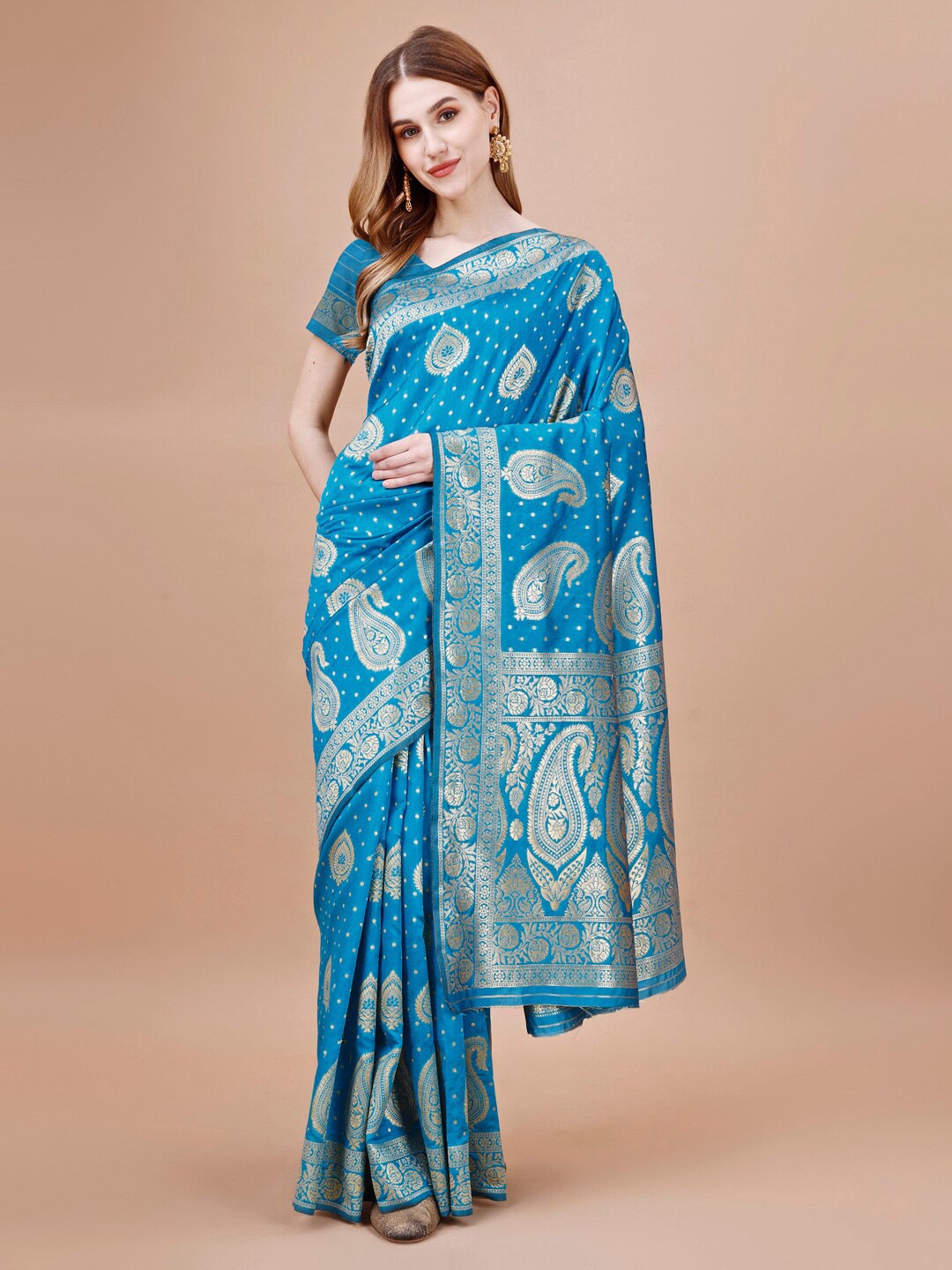 

MAGMINA Paisley Woven Design Zari Banarasi Saree, Turquoise blue