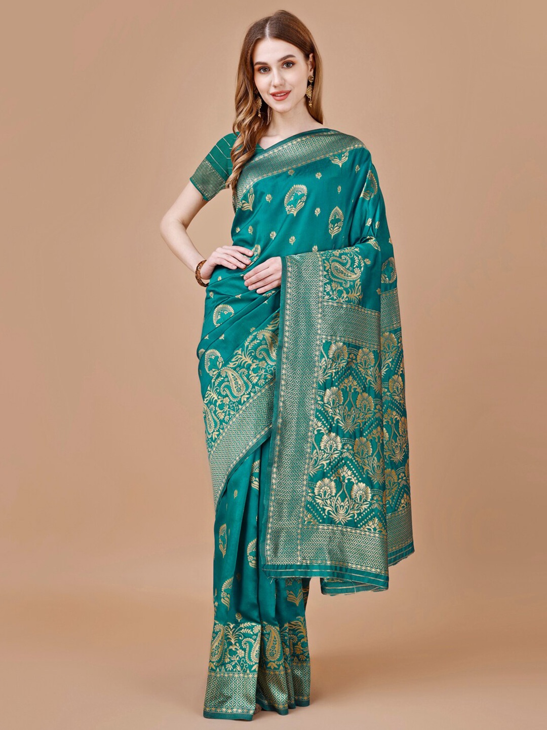 

MAGMINA Floral Woven Design Zari Silk Cotton Kanjeevaram Saree, Teal