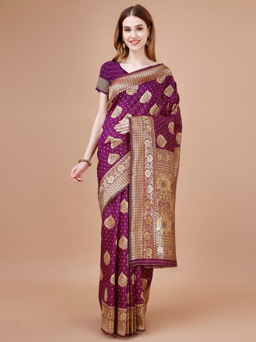 

MAGMINA Woven Design Zari Silk Cotton Kanjeevaram Saree, Purple