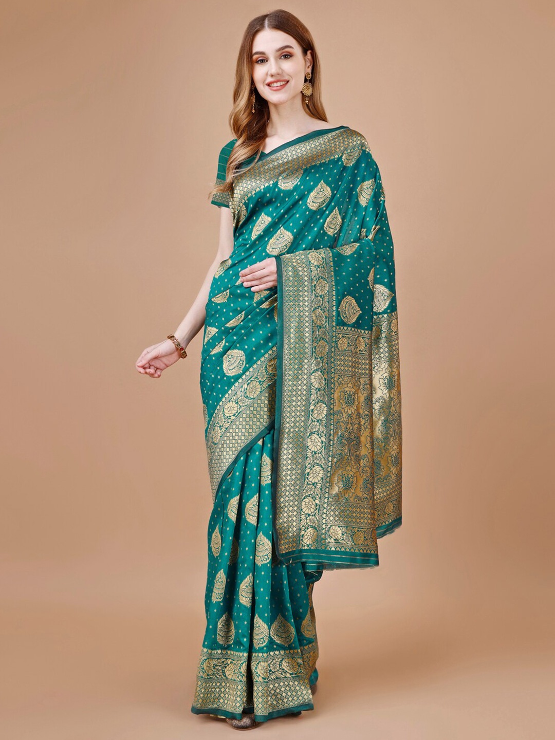 

MAGMINA Woven Design Zari Silk Cotton Kanjeevaram Saree, Teal