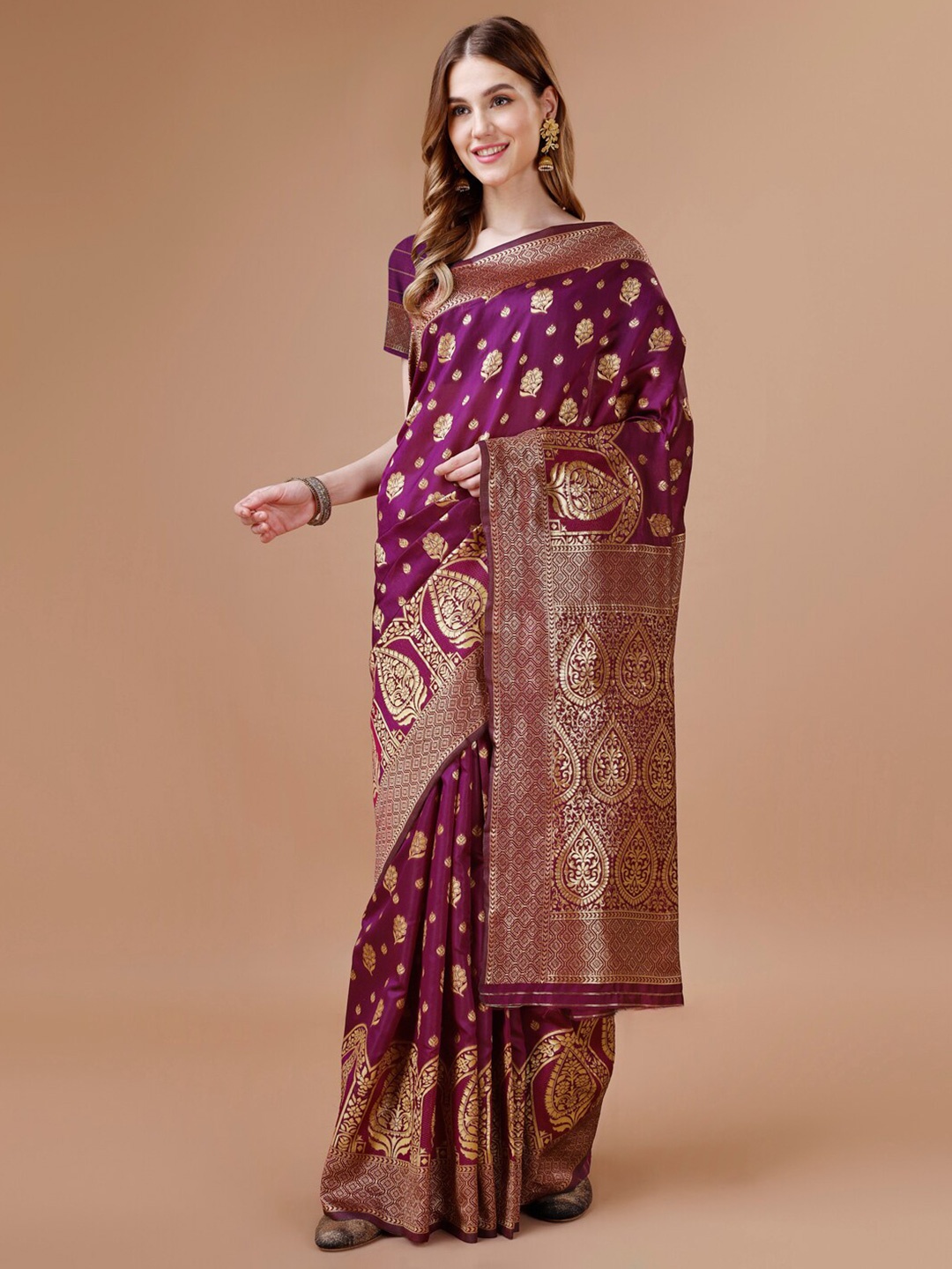 

MAGMINA Floral Woven Design Zari Banarasi Saree, Purple