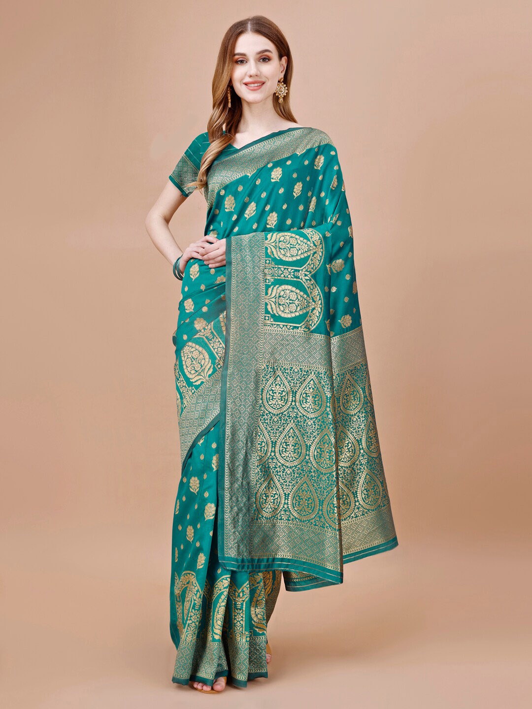 

MAGMINA Ethnic Motifs Woven Design Zari Banarasi Saree, Teal