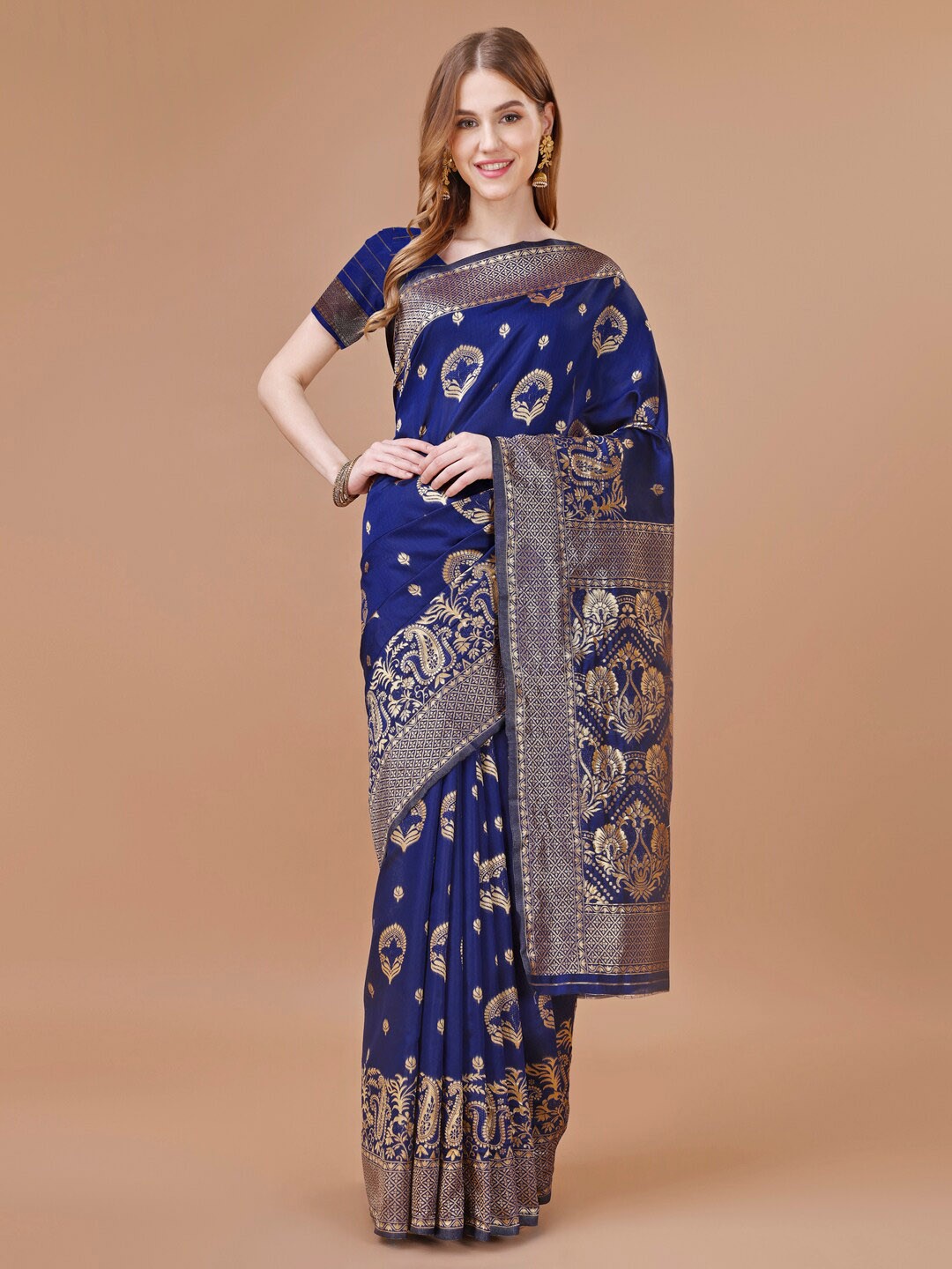 

MAGMINA Woven Design Zari Silk Cotton Kanjeevaram Saree, Navy blue