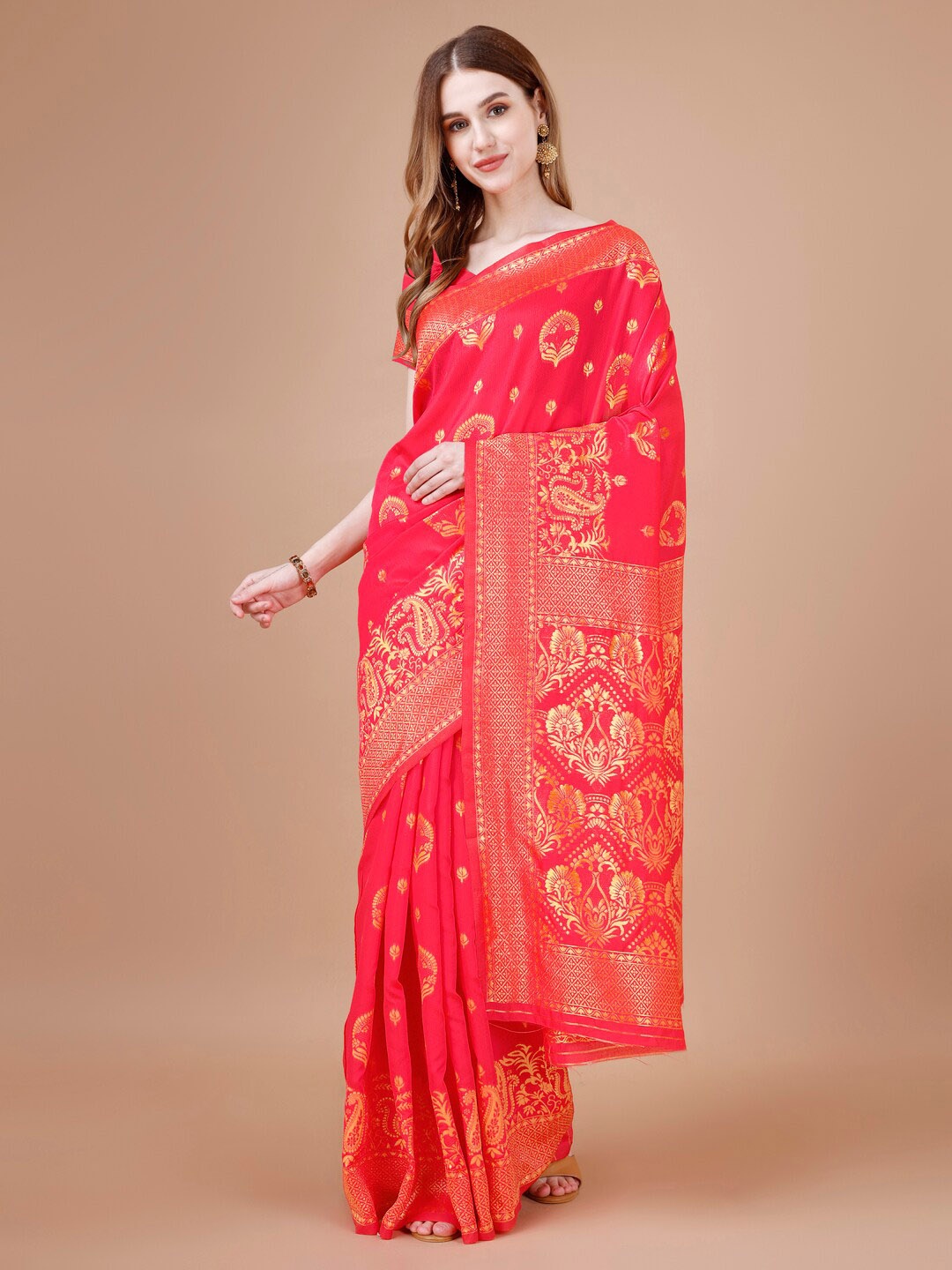 

MAGMINA Ethnic Motifs Woven Design Zari Silk Cotton Kanjeevaram Saree, Pink