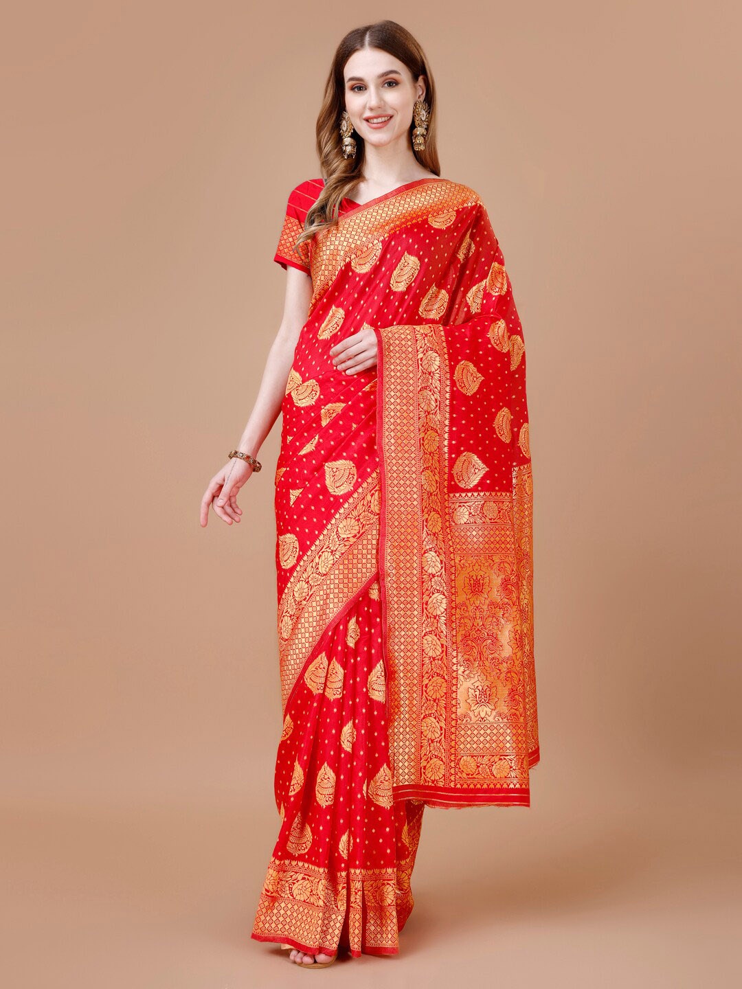 

MAGMINA Floral Woven Design Zari Silk Cotton Kanjeevaram Saree, Red