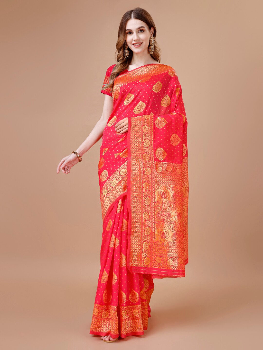 

MAGMINA Woven Design Zari Silk Cotton Kanjeevaram Saree, Pink