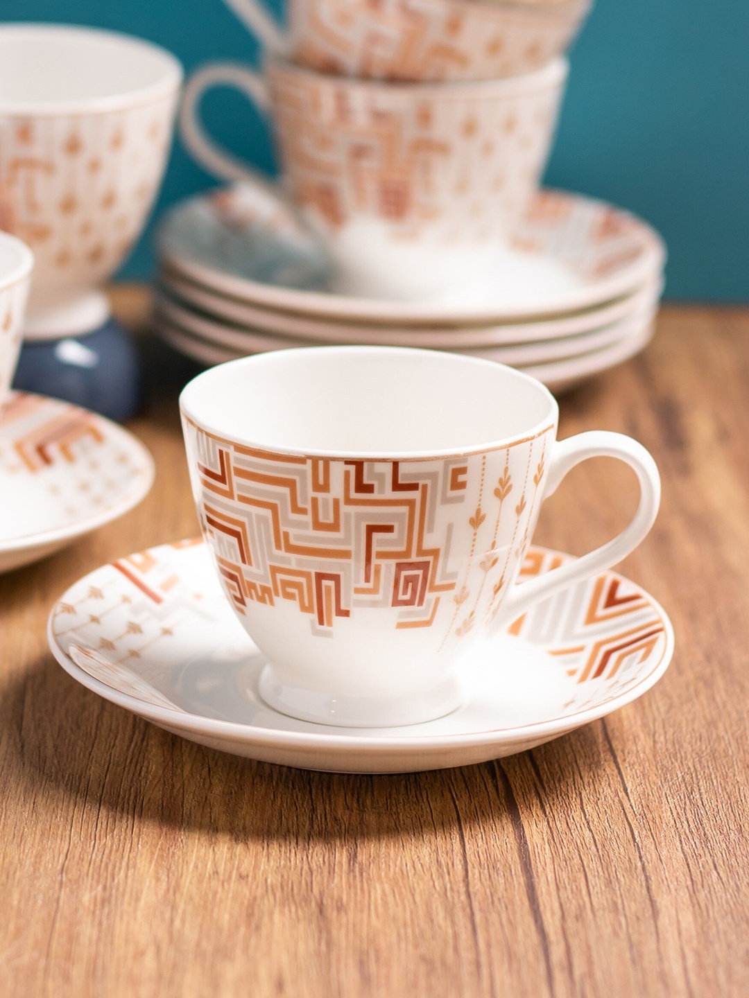 

CLAY CRAFT Premium White 12 Pieces Printed Ceramic Glossy Cups and Saucers