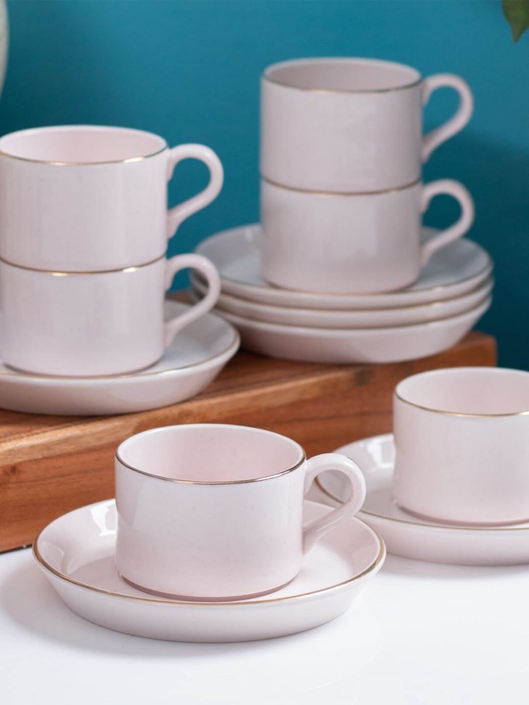 

CLAY CRAFT White & Beige 12 Pieces Printed Ceramic Glossy Cups and Saucers 180 ml