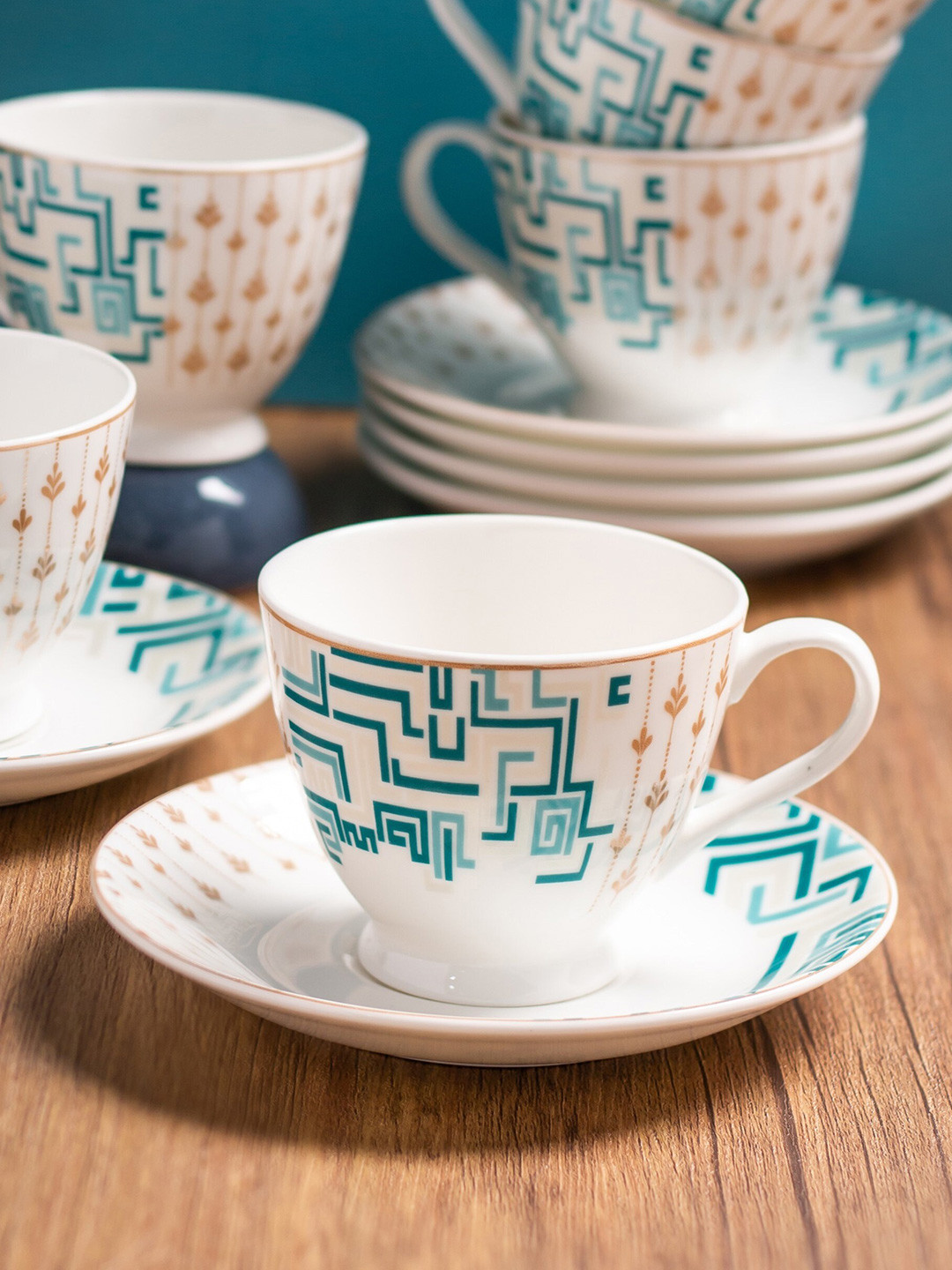 

CLAY CRAFT White & Blue 12 Pieces Printed Ceramic Glossy Cups and Saucers - 180 ML Each