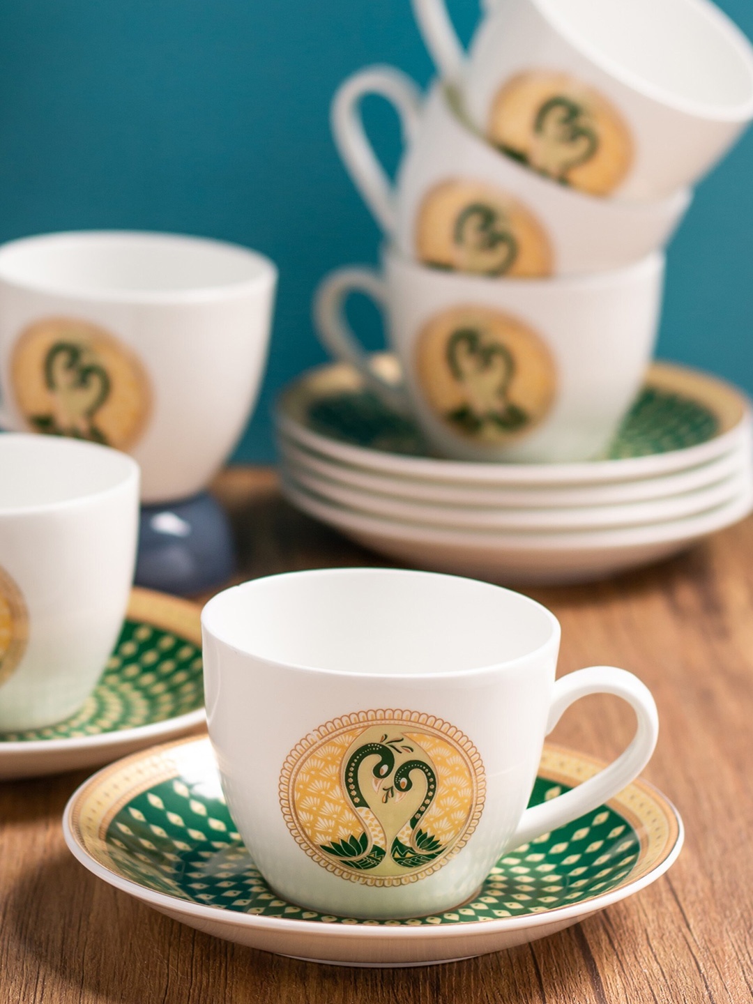

CLAY CRAFT White & Yellow 12 Pieces Printed Ceramic Glossy Cups and Saucers 180 ml