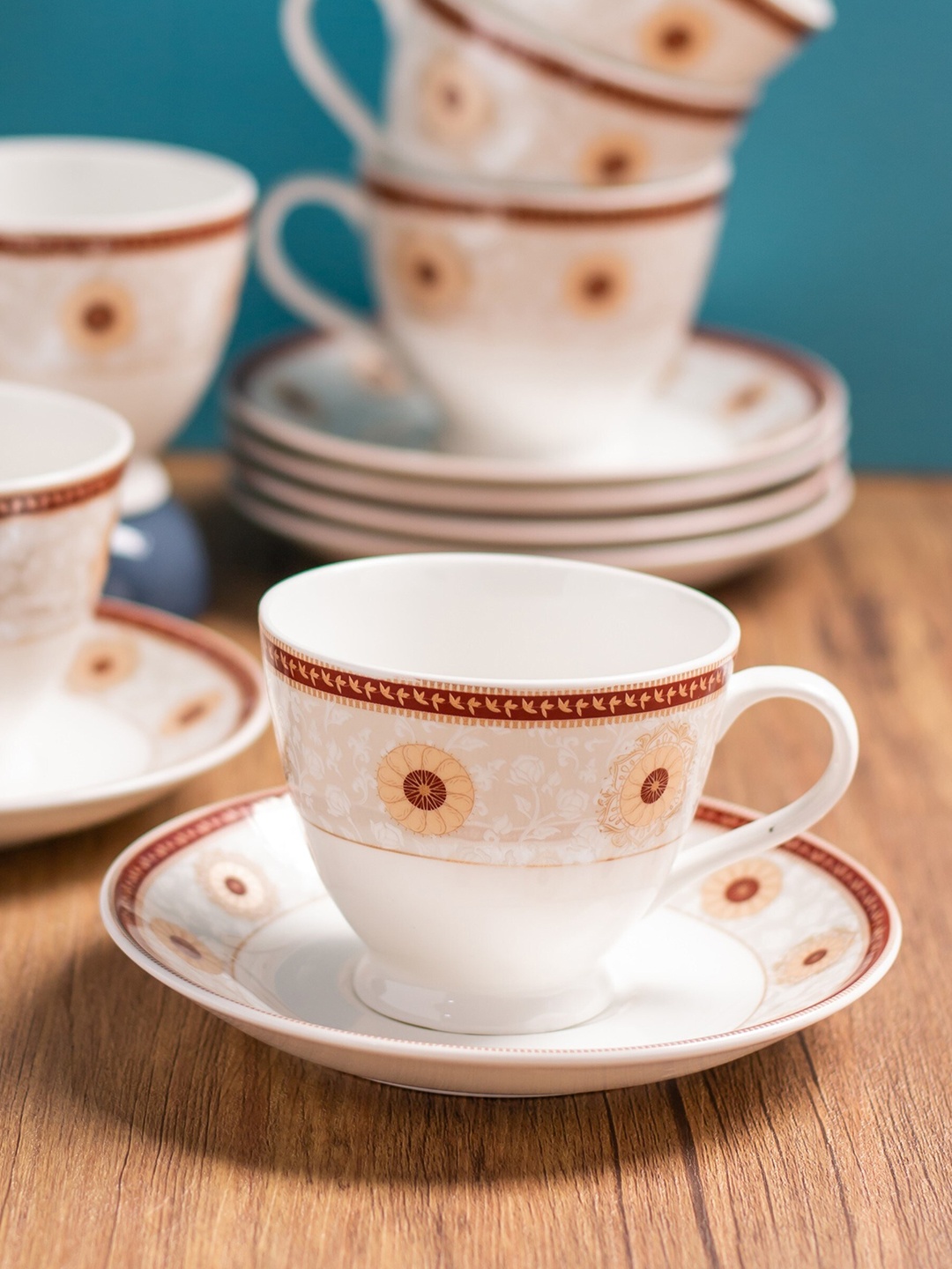 

CLAY CRAFT White & Brown 12 Pieces Printed Ceramic Glossy Cups and Saucers 180 ml