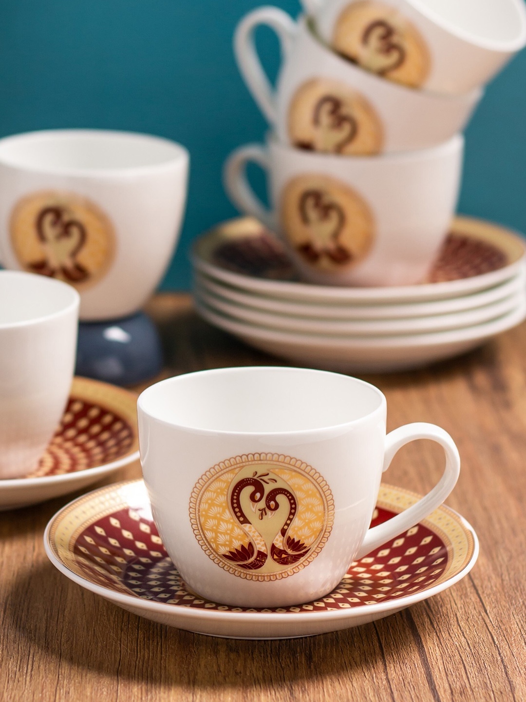 

CLAY CRAFT 12 Pcs White & Brown Printed Ceramic Glossy Cups and Saucers - 180 ML Each