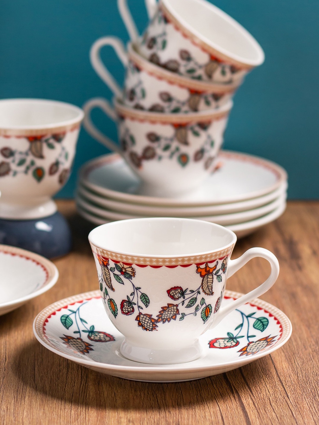 

CLAY CRAFT White & Green 12 Pieces Printed Ceramic Glossy Cups and Saucers 180 ml