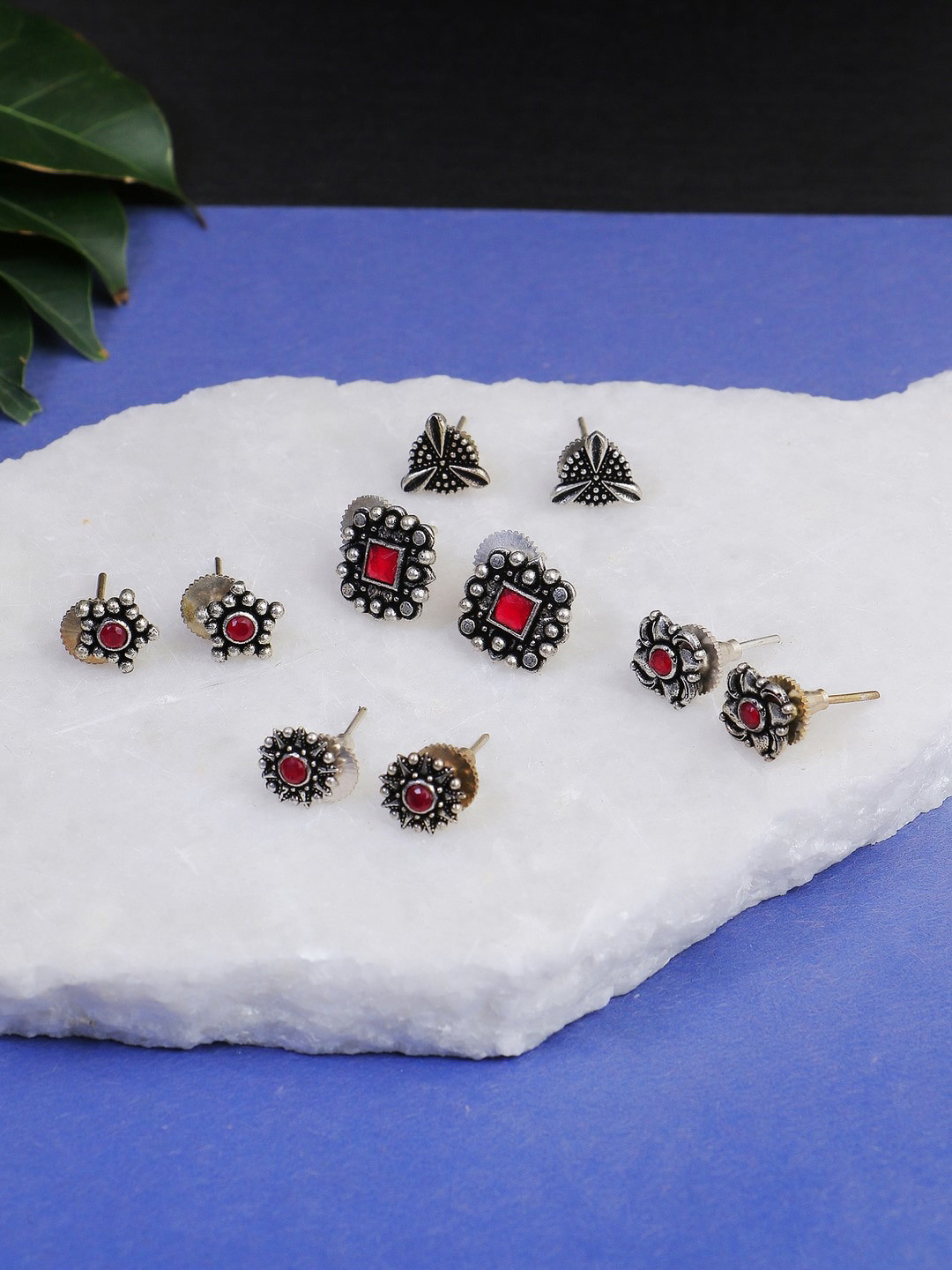 

Adwitiya Collection Set Of 5 Silver-Plated Stone Studded Stud Earrings