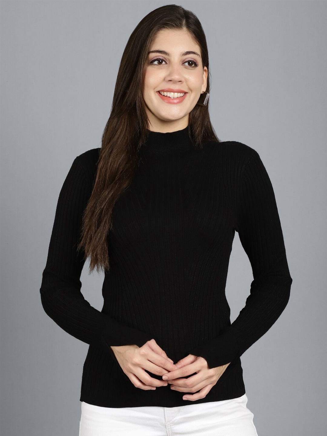 

GRACIT Turtle Neck Ribbed Woollen Pullover, Black