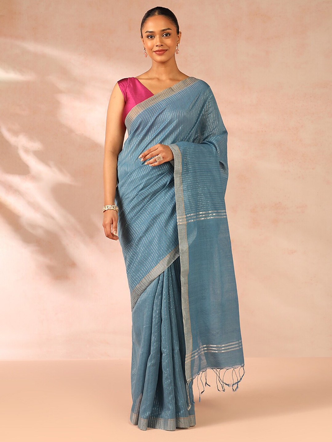 

Taneira Striped Zari Silk Cotton Saree, Blue