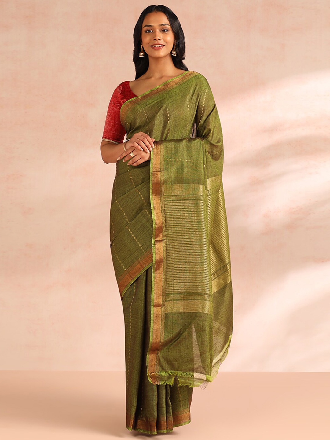 

Taneira Green & Gold-Toned Striped Zari Tussar Silk Saree