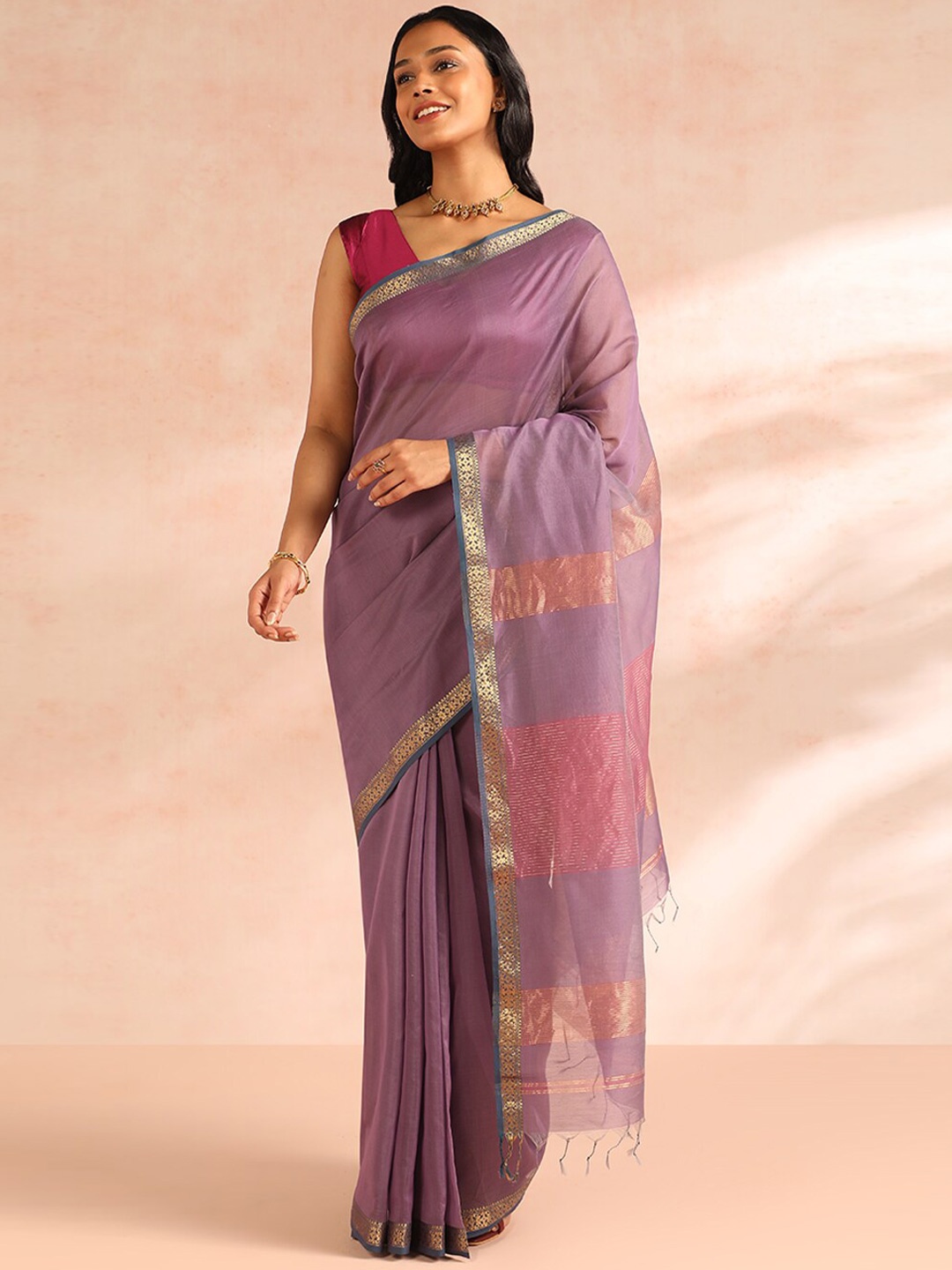 

Taneira Zari Silk Cotton Maheshwari Saree, Purple