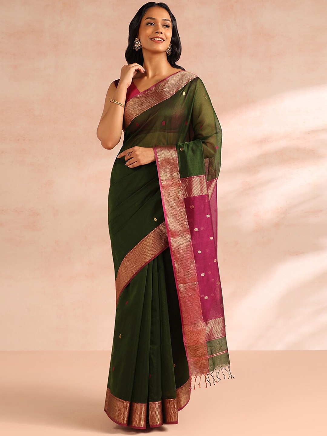 

Taneira Ethnic Motifs Woven Design Zari Detailed Silk Cotton Maheshwari Saree, Green