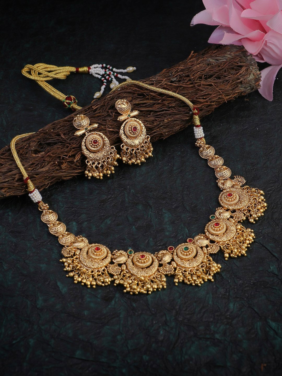 

Adwitiya Collection Gold-Plated Stone-Studded & Beaded Jewellery Set