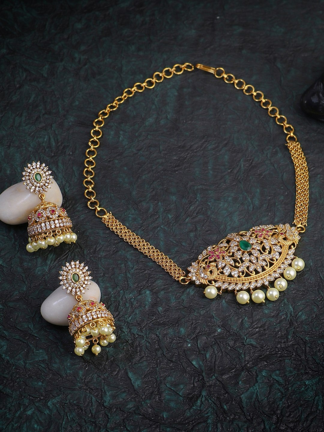 

Adwitiya Collection Gold-Plated Stones Studded & Pearls Beaded Jewellery Set