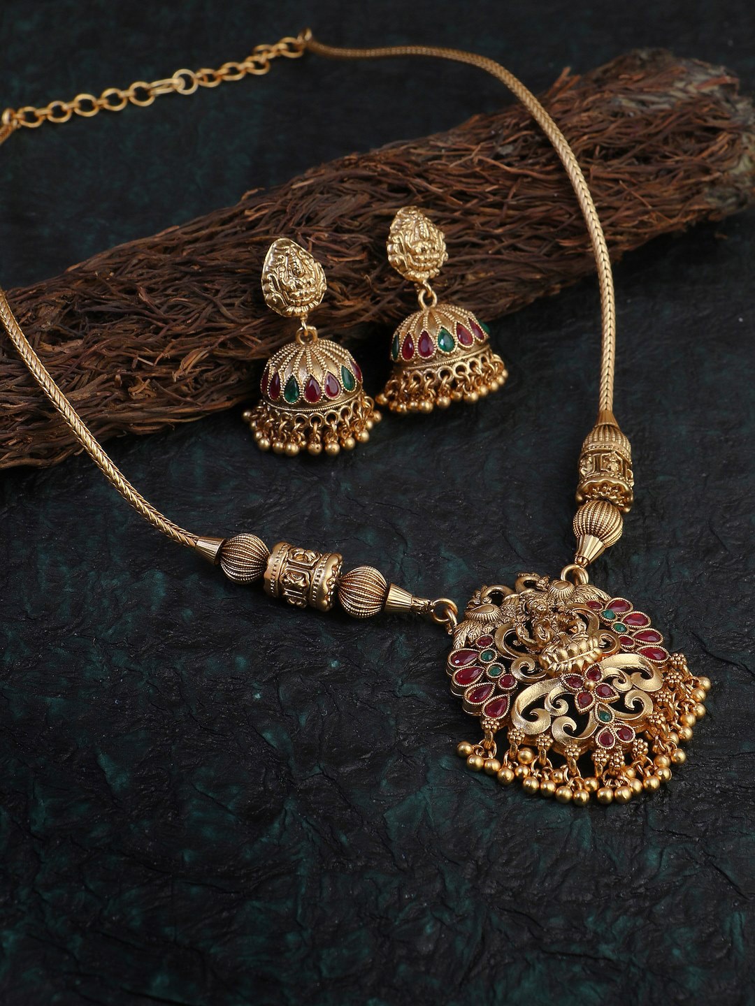 

Adwitiya Collection Gold-Plated Stone-Studded Temple Jewellery Set