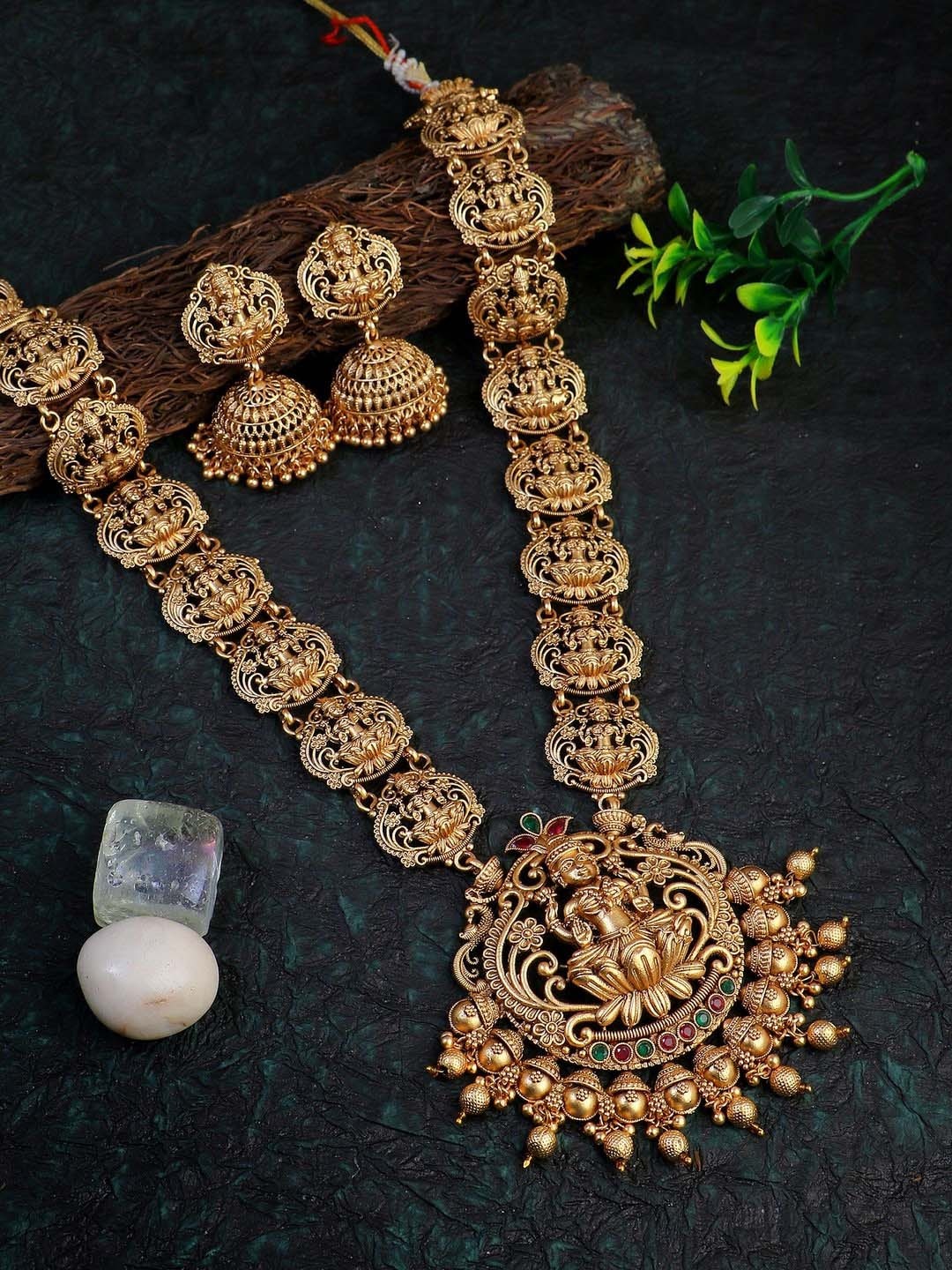 

Adwitiya Collection Gold-Plated Artificial Stone Studded Temple Jewellery Set