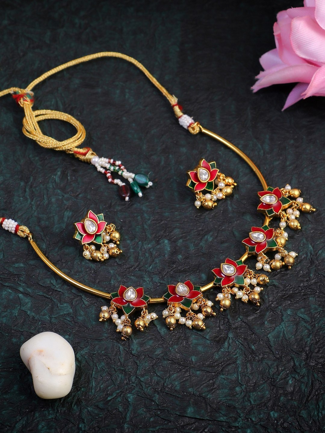 

Adwitiya Collection Gold-Plated Stones-Studded & Beaded Jewellery Set