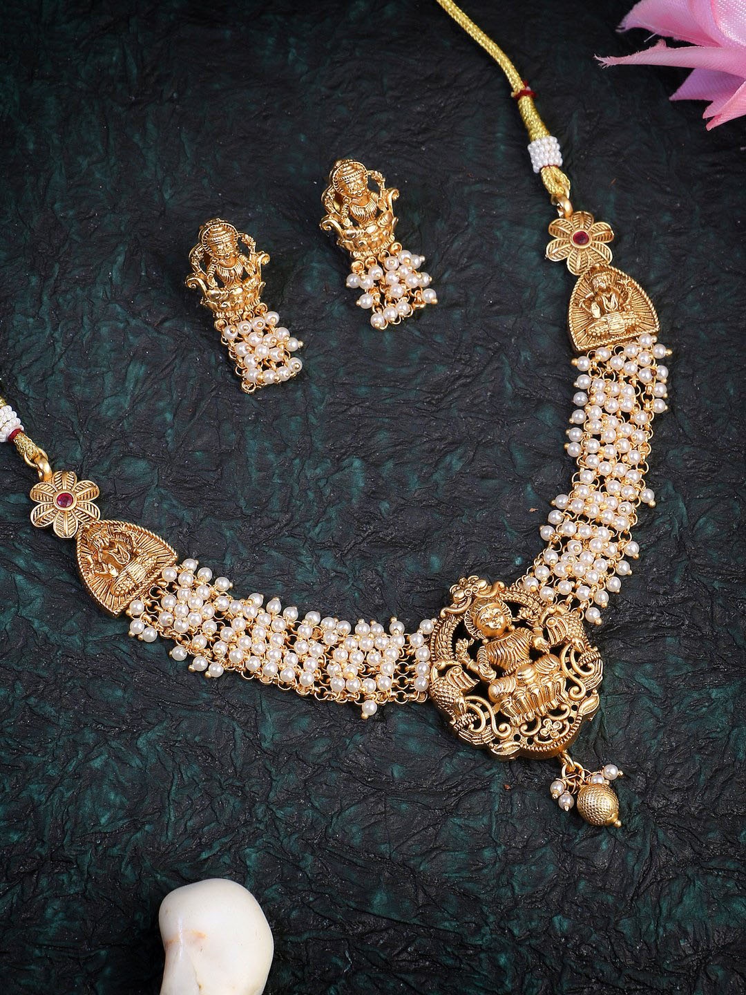 

Adwitiya Collection Gold-Plated Artificial Stone Studded Temple Jewellery Set