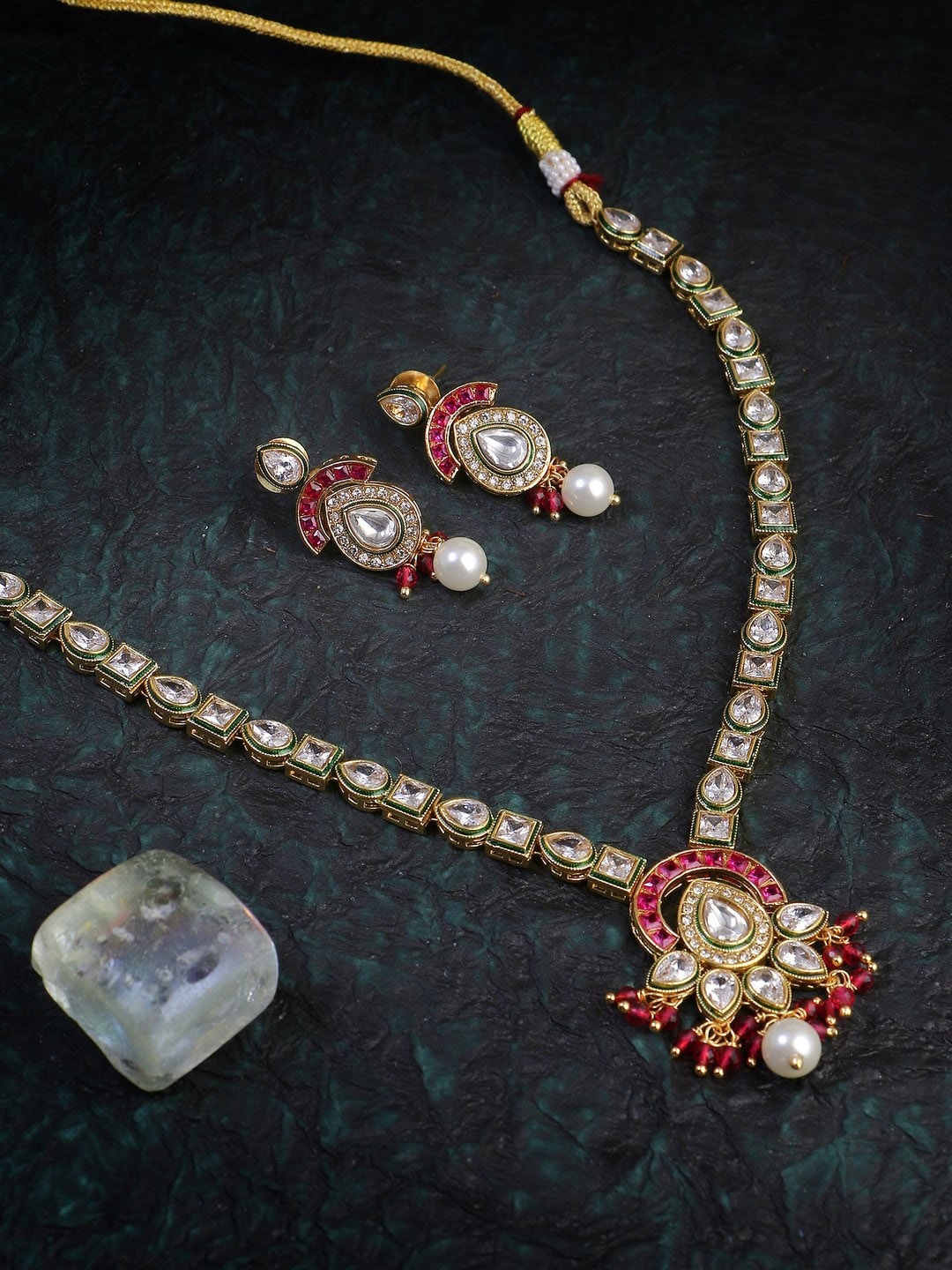 

Adwitiya Collection Gold-Plated Stone-Studded & Beaded Jewellery Set
