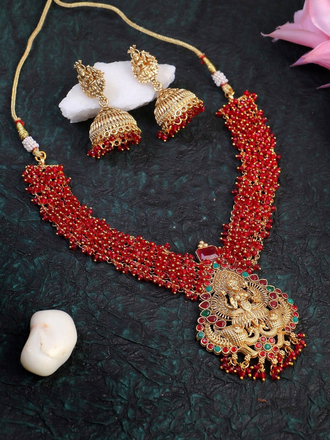 

Adwitiya Collection Gold-Plated Stone-Studded & Pearls Jewellery Set