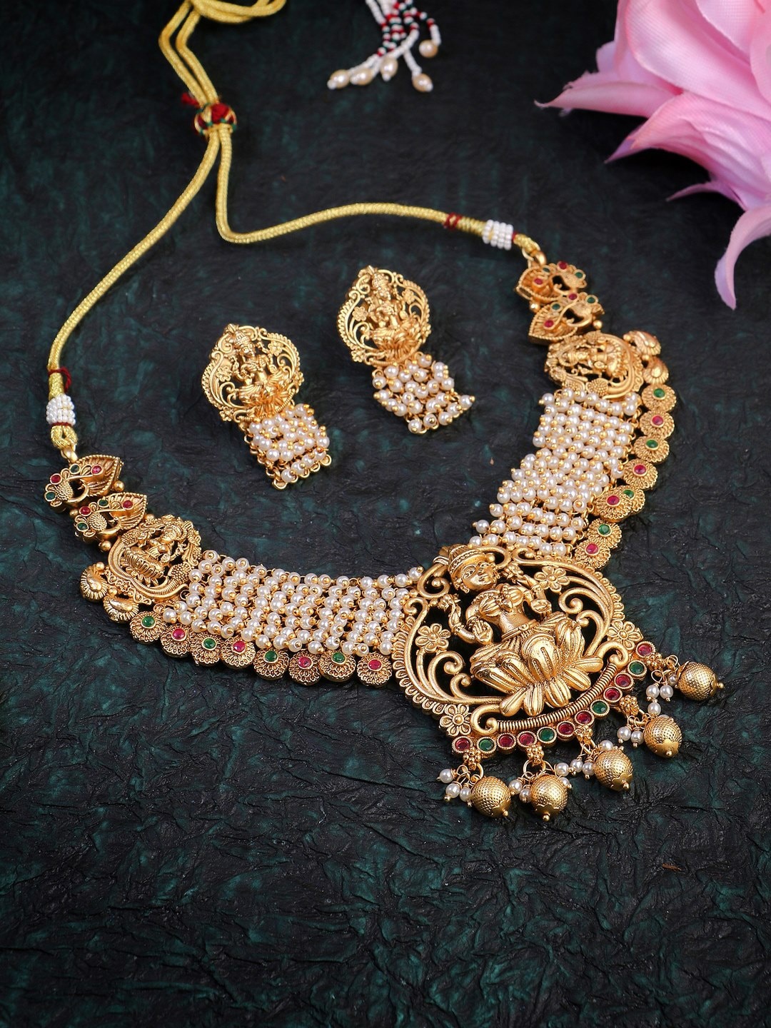 

Adwitiya Collection Gold-Plated Pearl Stone-Studded Jewellery Set