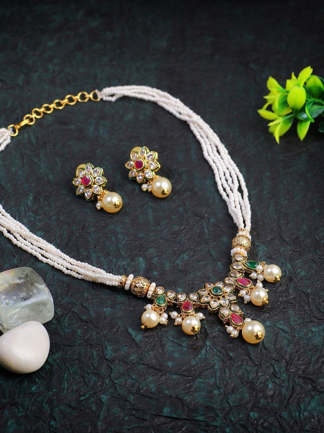 

Adwitiya Collection Gold-Plated Stones-Studded & Pearls-Beaded Jewellery Set