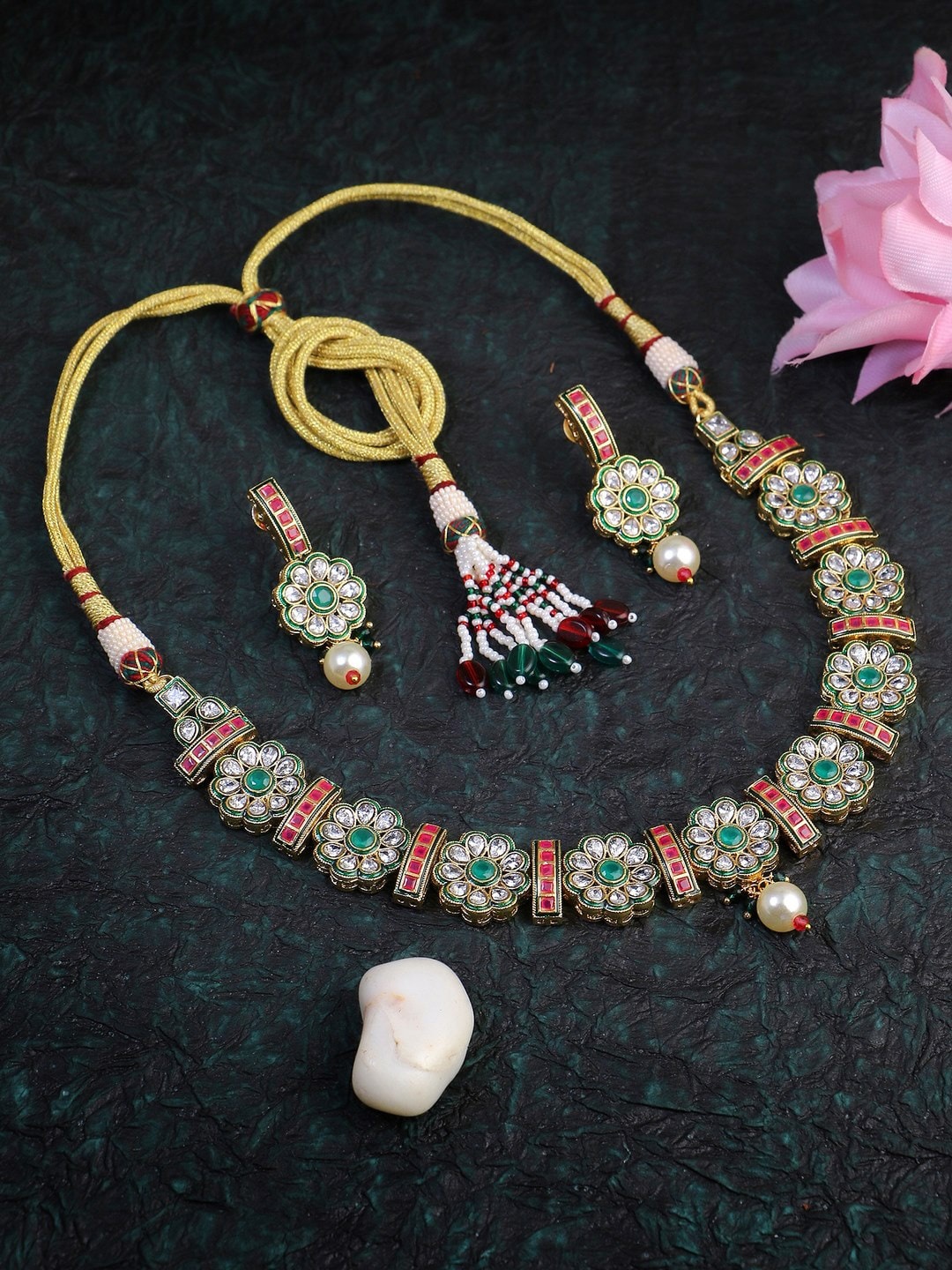 

Adwitiya Collection Gold-Plated Stones Studded & Beaded Jewellery Set