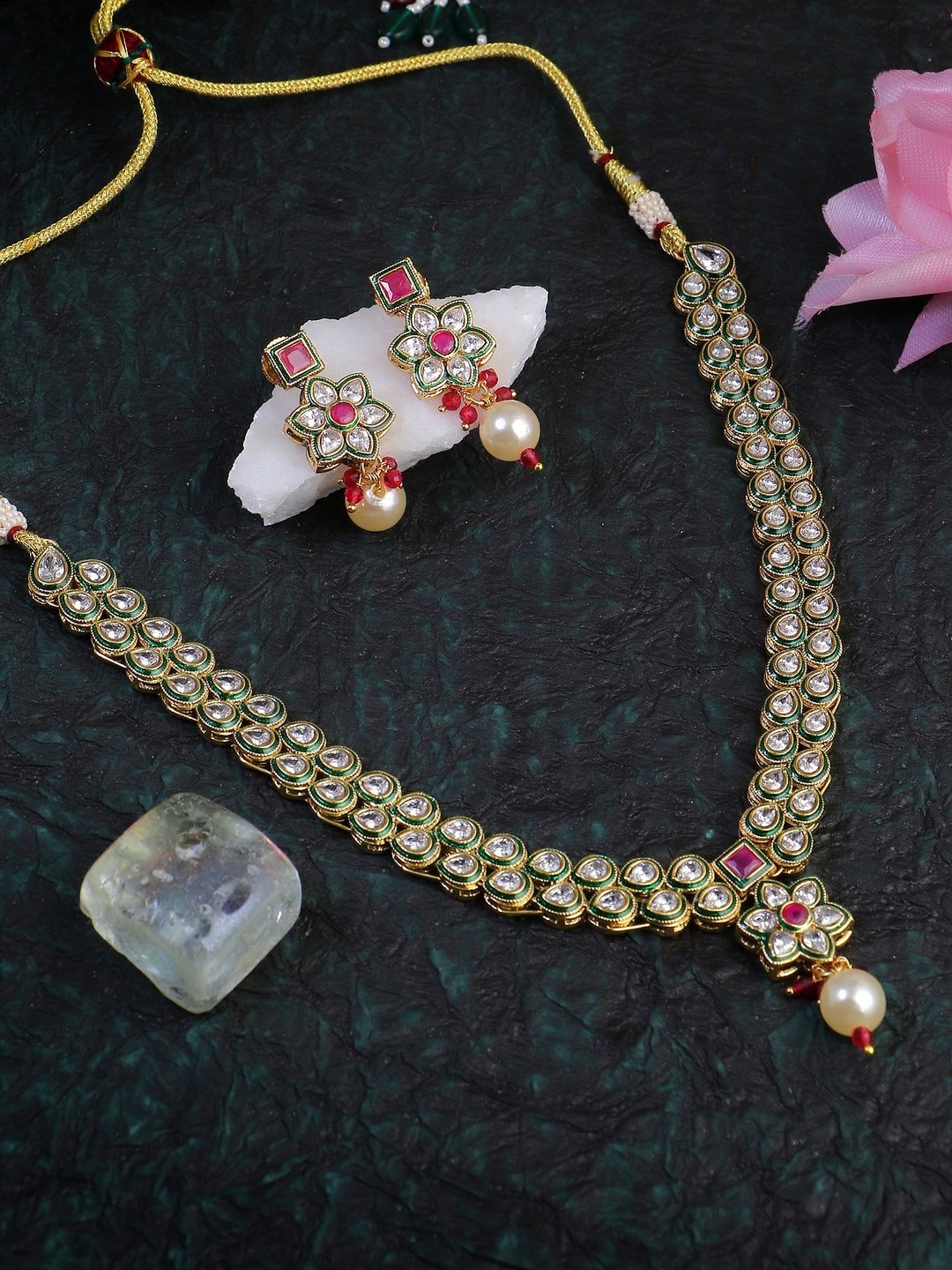 

Adwitiya Collection Gold-Plated Artificial Stone Studded & Beaded Jewellery Set