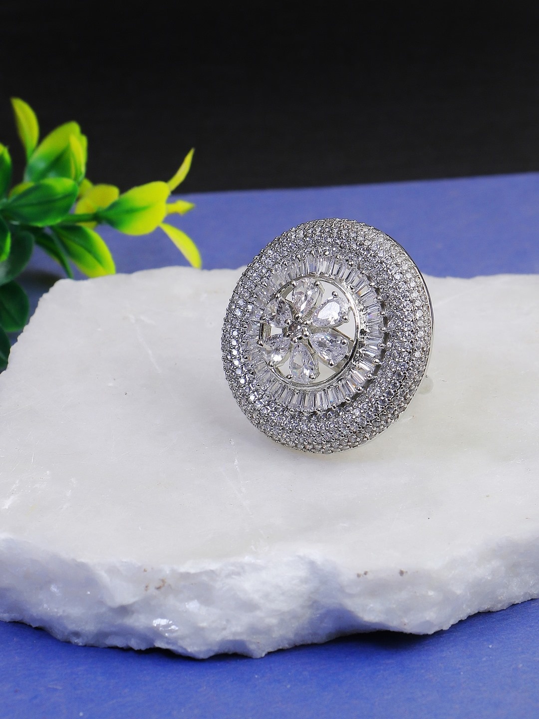 

Adwitiya Collection Rhodium-Plated Stone-Studded Adjustable Finger Ring, Silver