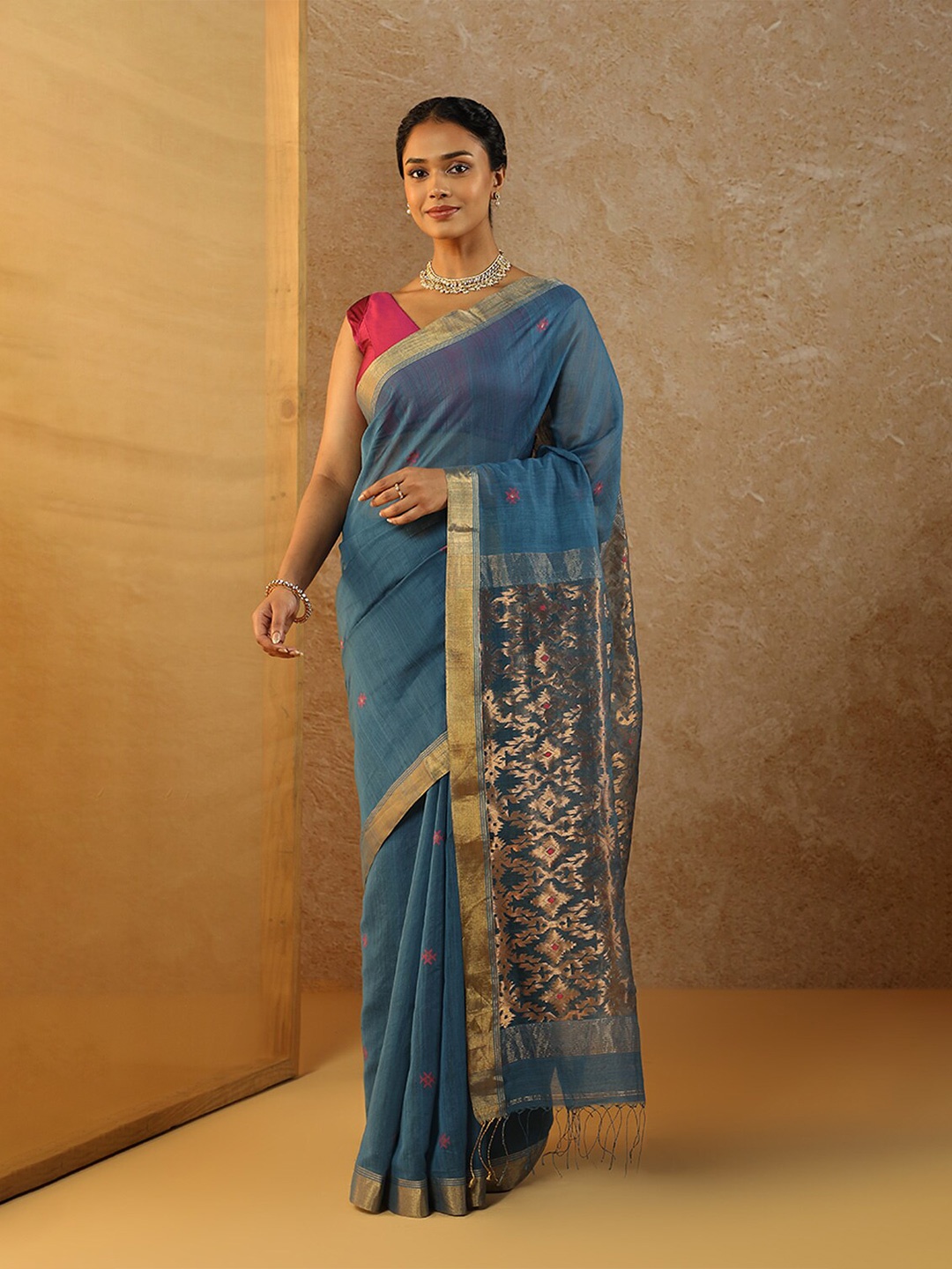 

Taneira Ethnic Motifs Woven Design Zari Silk Cotton Saree, Blue