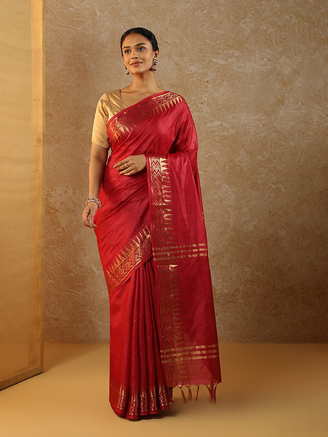 

Taneira Woven Design Border Zari Tussar Silk Saree, Red