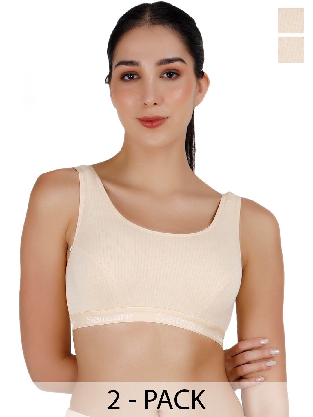 

SELFCARE Pack Of 2 Striped Round Neck Sleeveless Thermal Tops, Beige