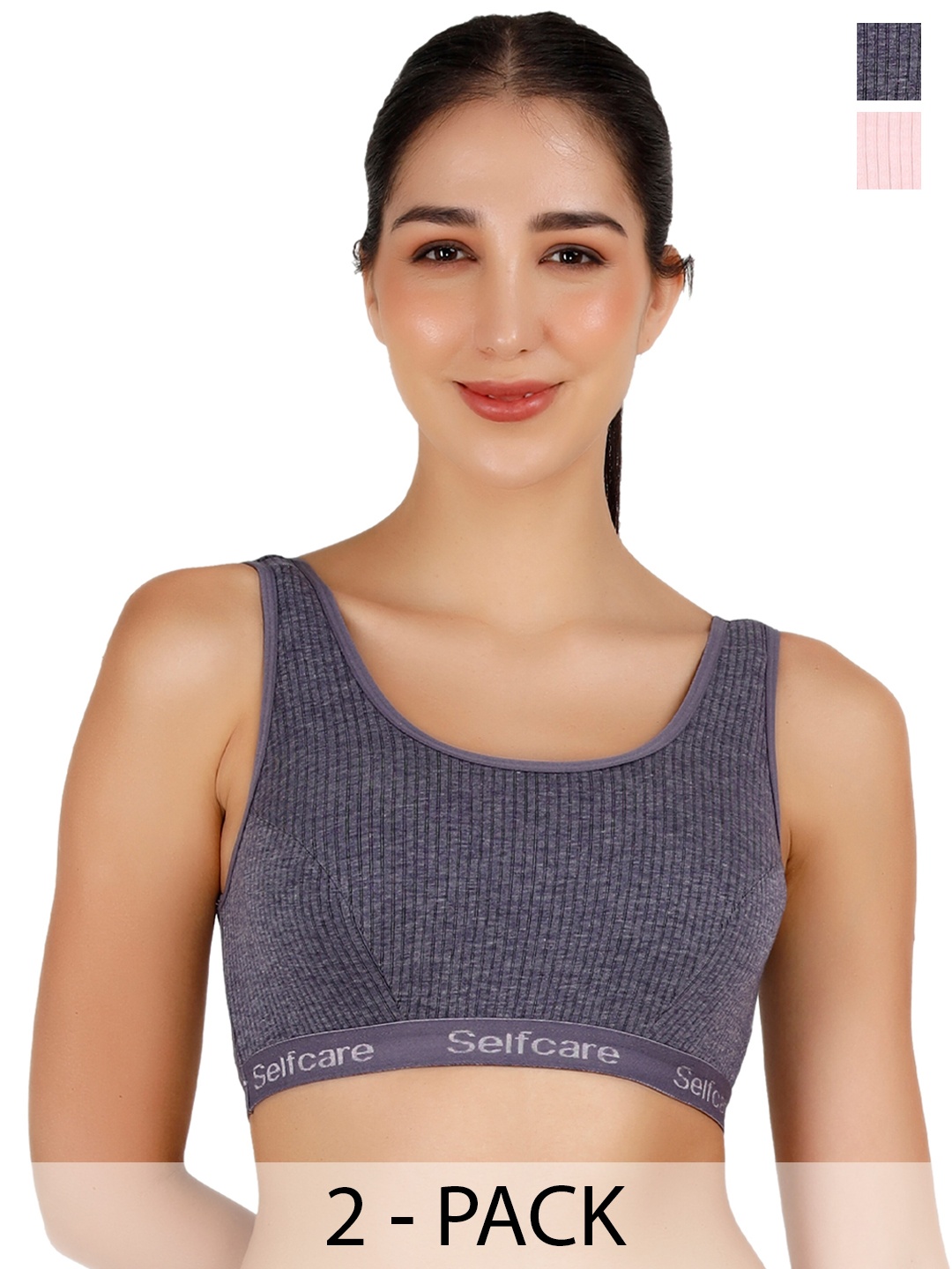 

SELFCARE Pack Of 2 Striped Round Neck Sleeveless Thermal Tops, Pink