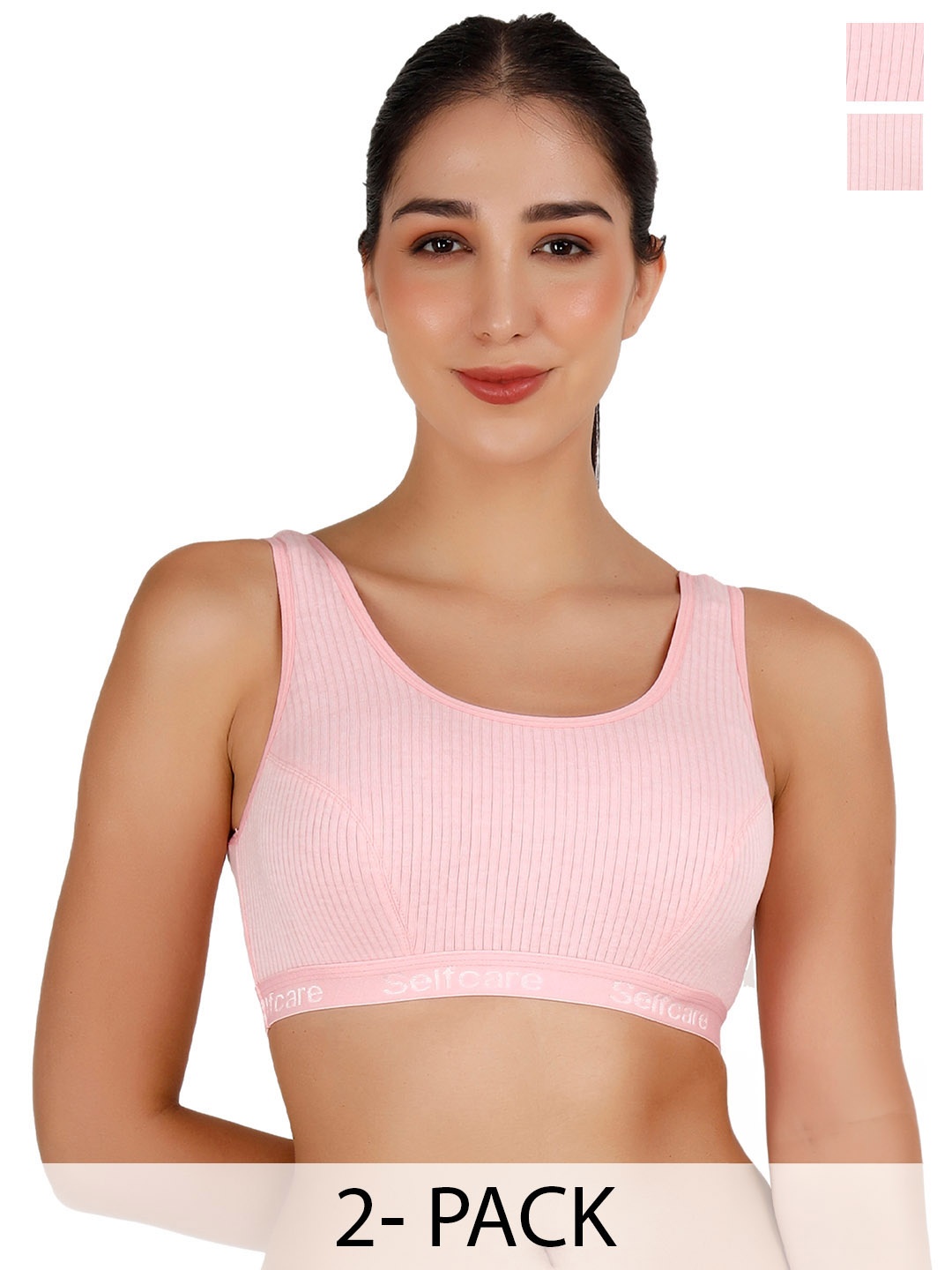 

SELFCARE Pack Of 2 Striped Round Neck Sleeveless Thermal Tops, Pink
