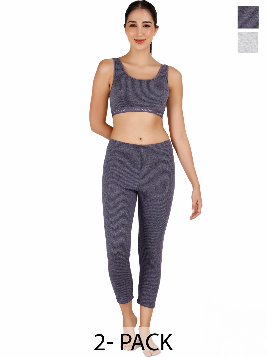 

SELFCARE Women Pack Of 2 Striped Thermal Sets, Charcoal