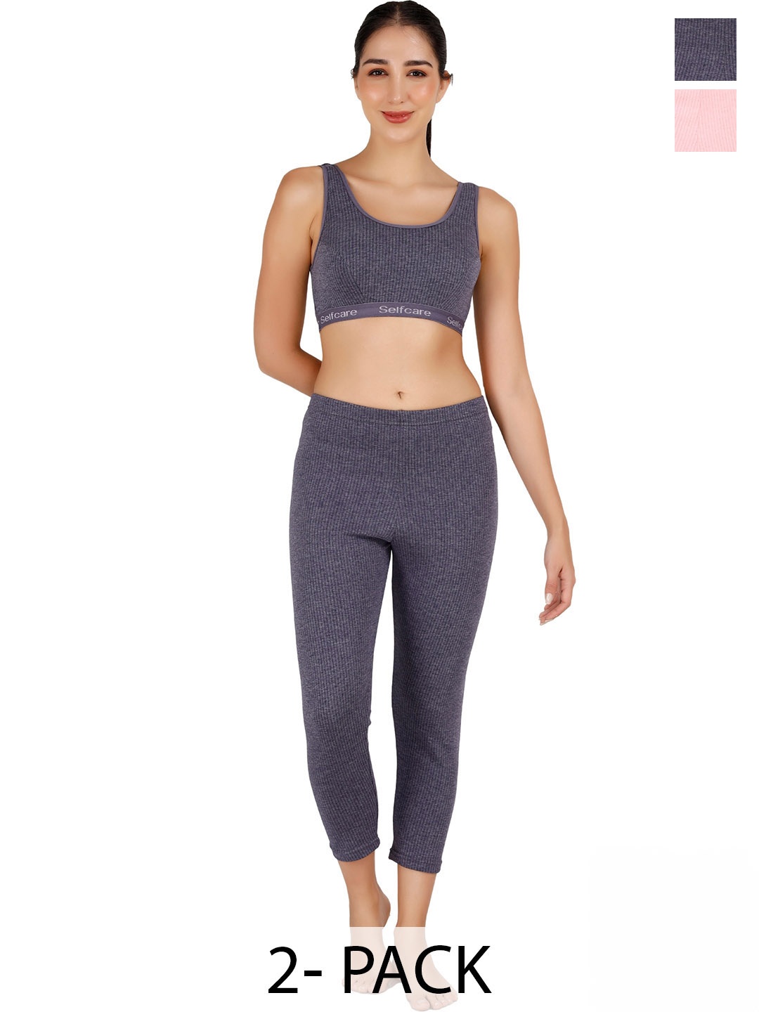 

SELFCARE Women Pack Of 2 Striped Thermal Sets, Pink